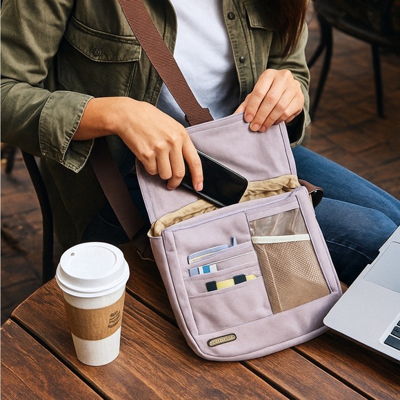 Travelon lilac canvas crossbody messenger bag organizer pockets adjustable strap - Picture 13 of 14